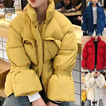 

Women Parkas 2020 New Casual Turtleneck Loose Down Jacket Female Warm Padded Winter Coat Women Long Puff Sleeve Cotton Coat
