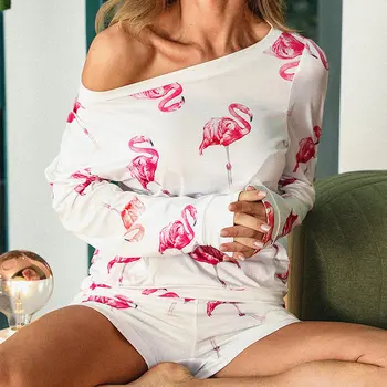

Women's 2 Piece Set Flamingo Print Long Sleeve Top Shorts Off Shoulder Suits Female 2020 Summer Sports Ladies Casual Two Sets