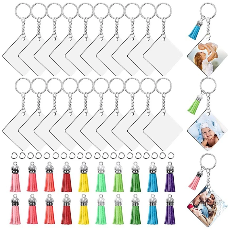 80 Pieces Sublimation Blank Square Keychain Set Heat Press Transfer Double-sided Printing Keychain Blank Tassel Key Ring Kits