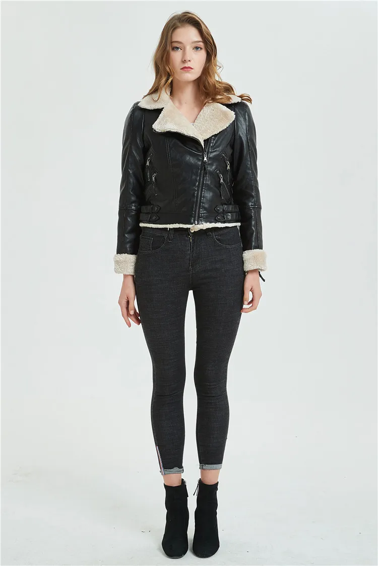 Женские кожаные куртки, зимние, теплые, утолщенные, берберский флис, подкладка, мех, ПУ, пальто для женщин, модные, короткие, мотоциклетные, замшевые, черные, пальто