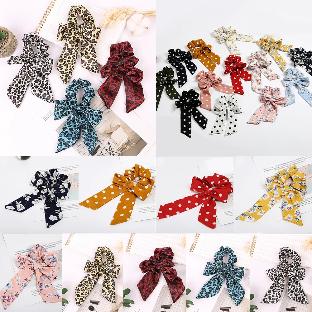 

DIY Solid/Floral Print Bow Satin Long Ribbon Ponytail Scarf Hair Tie Scrunchies Women Girls Elastic Hair Bands Hair Accessories
