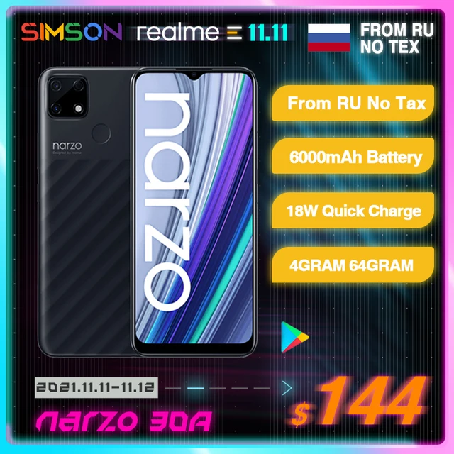 Realme Narzo 30A Smartphone Global Version 4/ 64GB  Helio G85 6.5‘ Inch Fullscreen 6000mAh 18W 9V2A Quick Charge Mobile Phones 1