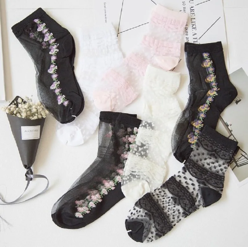 Кружевные стеклянные шелковые носки Кристальный шелк Блестящий прозрачный носок цветы дамы дышащий тонкий сексуальный носок анти-крюк в трубке носки