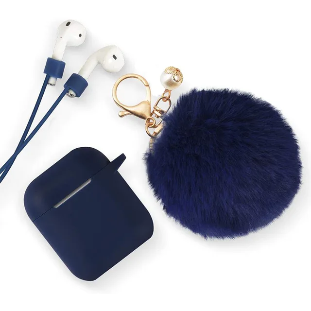 Protective Case multi colors with lost-proof and Keychain hooks lovely hair ball Silicone Bluetooth Earphone For airpods 1 2 1 2Dark blue