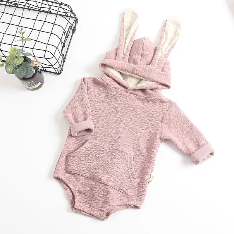 

Infant Baby Child Cute Bunny Pocket Hooded Ball Rompers Gray Pink Color Autumn Sweer Ins Hot Fashion Lovely Kids Clothing
