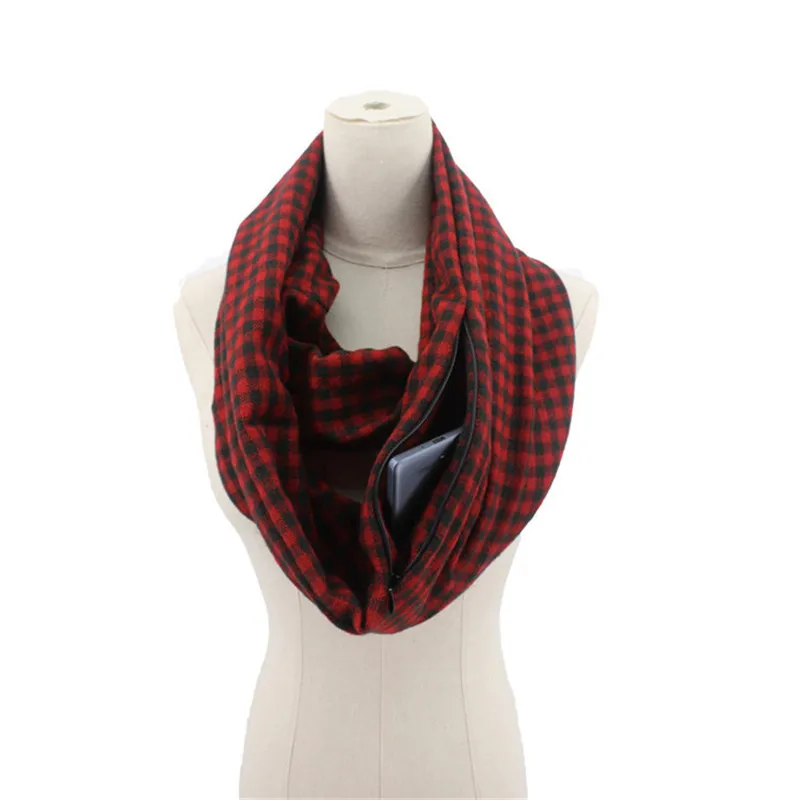 Зимний клетчатый шарф с карманом, вязаный, теплый, для путешествий, для женщин и мужчин, накидка с потайным карманом на молнии, бесконечность