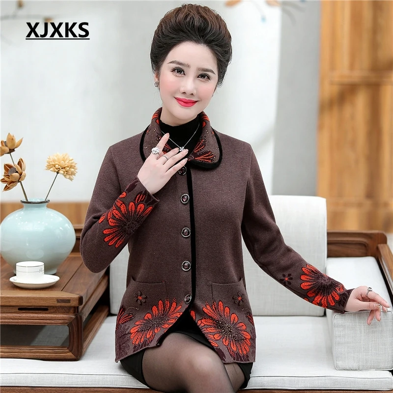 XJXKS ropa mujer Invierno большой свитер элегантный карман однобортный отложной воротник Женский вязаный свитер пальто - Цвет: Коричневый