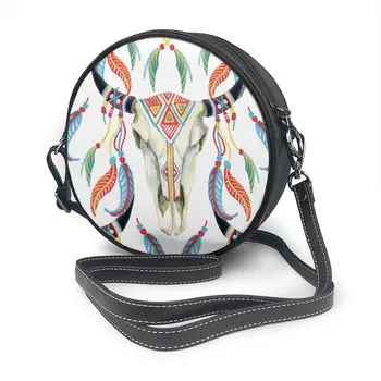 

2020 Summer Women's Fashion Small round Bag Watercolor Boho Buffalo Skull Shoulder Bag Messenger Crossbody Bag Phone Coin Purse
