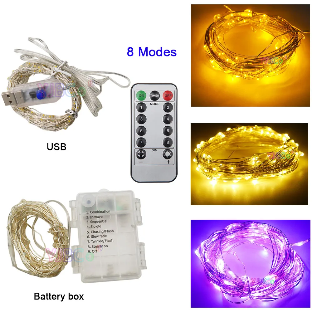 

Wholesale10set Christmas LED String Light 5M/10M Silver Wire With 8 Modes Remote Fairy Garland Waterproof Battery box/USB Powere