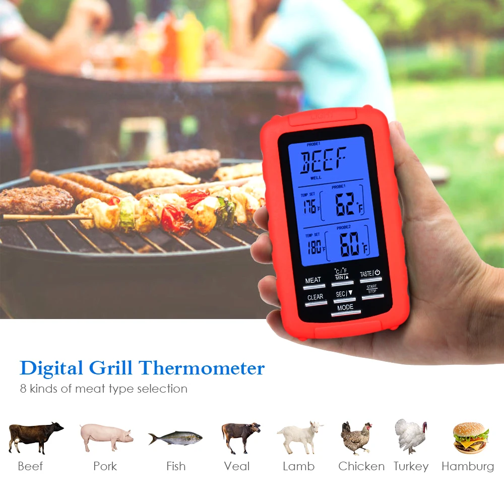 

New Wireless Meat Thermometer with 2 Probes LCD Display Backlight Countdown Timer Digital Remote BBQ Thermoters Barbeque Grill