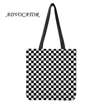 

Women Canvas Shoulder Bags Black and White Lattice Design Reusable Shopping Bag for Fruit Custom Recycle Bag Bolsa Reutilizable