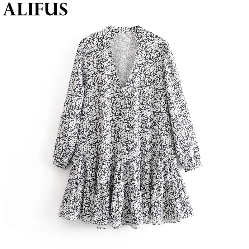 

Fashion Za Women Dress 2019 Vintage Floral Printed Pleated V Neck Long Sleeve Mini Straight Dresses Female Ladies Vestidos