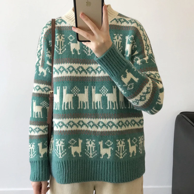 Женский Рождественский свитер с круглым вырезом, темпераментный осенне-зимний свободный жаккардовый вязаный студенческий свитер, пуловер для женщин ML162