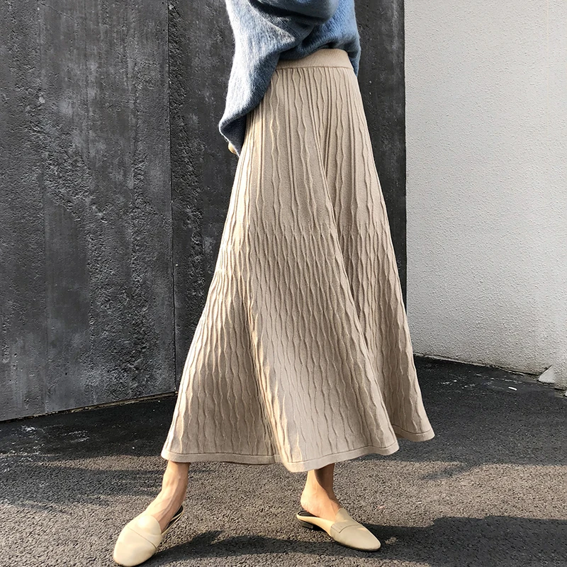 Зимняя женская трикотажная миди юбка в Корейском стиле однотонная Теплая юбка с высокой талией Женская Тонкая Повседневная Плиссированная Юбка Saia Falda - Цвет: apricot