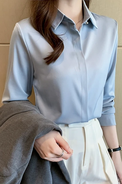 2022 Autumn Satin Women's Shirts Fashion Silk Button Solid OL Elegant Ladies Tops Long Sleeve Blouse Basic Women Shirts Blouses Light  Blue