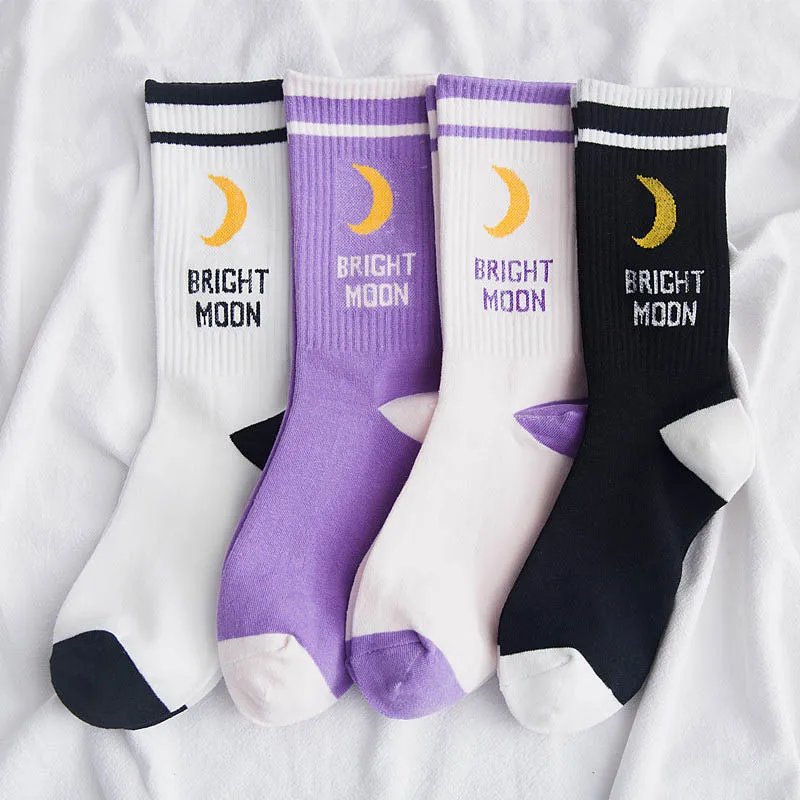 Bright Moon Cotton Socks Korean Harajuku English Letter Chaussette Femme Funny Hip Hop Skateboard Crew | Женская одежда