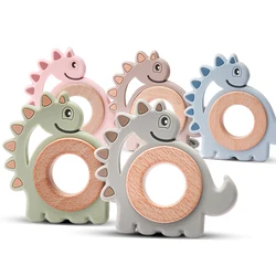 1Pcs Baby Toys Teether Cartoon Dinosaur Animal Wood Rings Food Grade Wooden Teething Silicone Rings Nursing Gift Infants Tooth