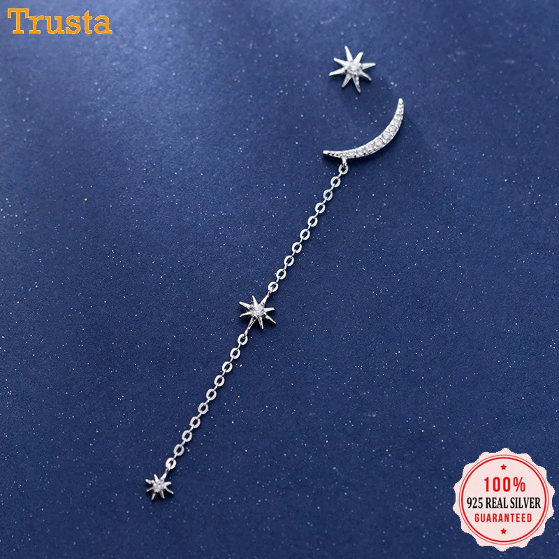 Trustdavis,, 925 пробы, серебряные, асимметричные, Луна, звезда, ослепительная, CZ цепь, серьги-гвоздики для женщин, серебро, 925, ювелирное изделие, подарок DT48