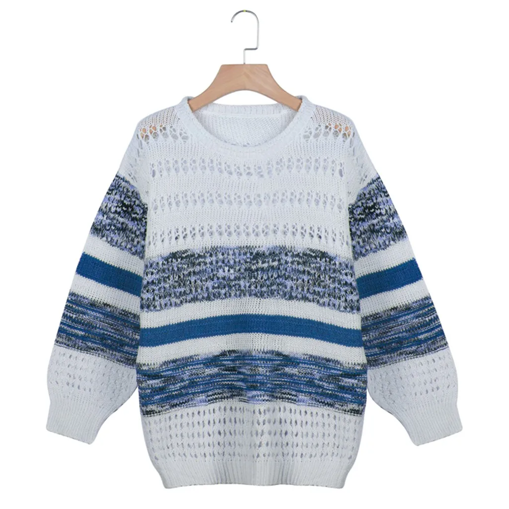 Женский вязаный свитер в полоску, свитер с длинным рукавом, пуловер, повседневные свободные свитера, джемпер, топ, Осень-зима, женский - Цвет: Blue