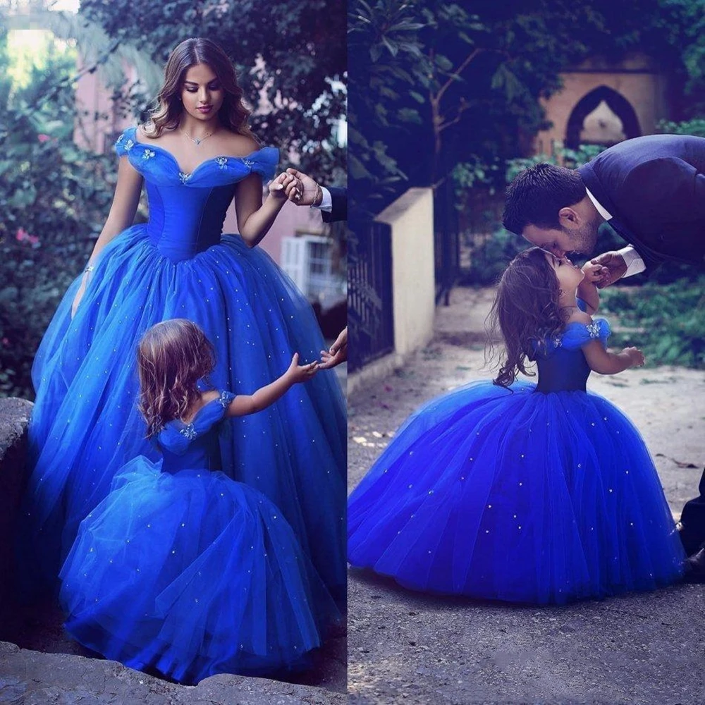 

Adorable Cinderella Flower Girl Dresses Special Occasion For Weddings Blue Kids Pageant Gowns Off Shoulder Beaded Ball Gown