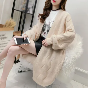 

Women Sweater Lazy Style Coat Open Stitch Mid Long Sweater Loose All-match Knitwear Female Clothing