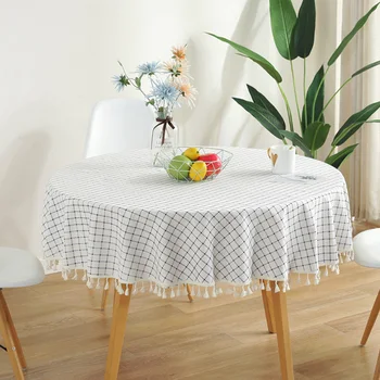 

Hotel Dustproof Birthday Party Round Tablecloth White Grid With Tassel Protective Cover Soft Dining Room Kitchen Home Decoration