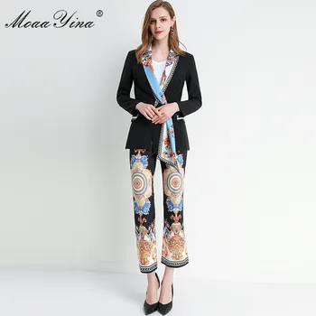 

MoaaYina Fashion Designer Set Spring Autumn Women Long sleeve Ribbon Suit Tops+3/4 Pants Two-piece set