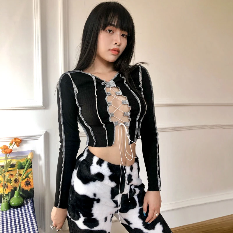 2020 Women Sexy Hollow Out Bandage Tops Women Black Ribbed Knitting Tee Shirt Female 2020 Autumn Club Party Street Casual Wear