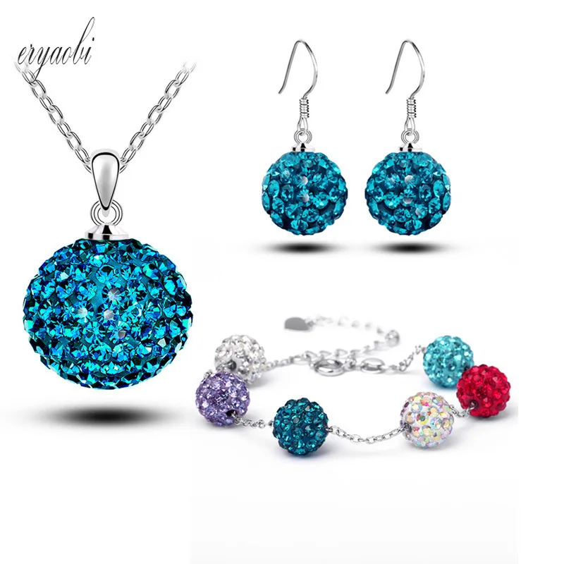 

Colored Round Crystal Pendant Necklace Hanging Earrings Bracelets for Women Set Wedding Party Anniversary Jewelry for Women