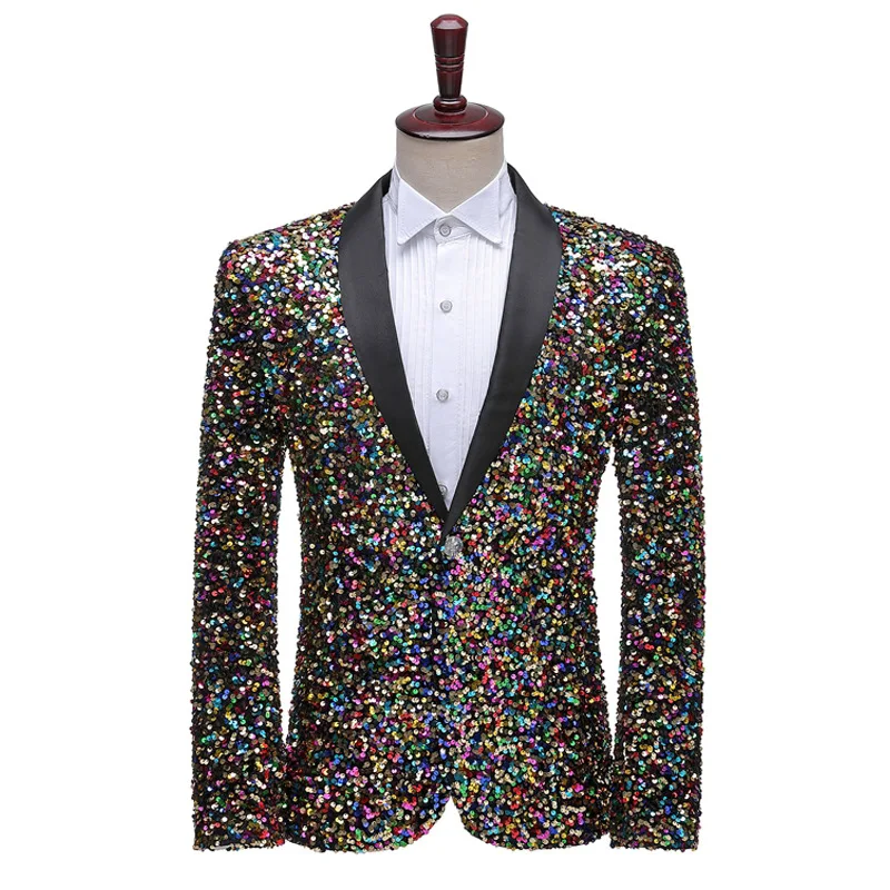 

Formal Men's Blazer Green White Colorful Sequins Slim Fit Suit Coat Evening Host Singer Bar Nightclub Performance Tuxedo Blazers