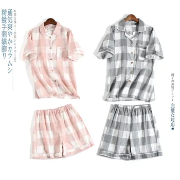 

2020 New Couples Bathrobe 2PCS Pajamas Set Cotton Sleepwear Shirt&Pants Casual Plaid Intimate Lingerie Nightwear Soft Homewear