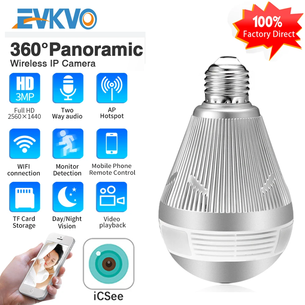 EVKVO Bulb Light WIFI IP Camera Wi-fi FishEye 3MP 360 degree Panoramic VR View CCTV Camera Home Security WiFi Camera
