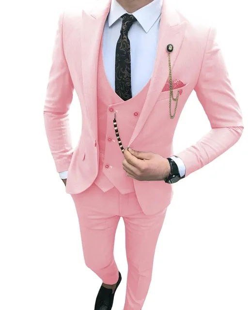 Мужской костюм, приталенный, 3 предмета, королевский синий, Повседневный, выпускной, смокинг, жених, остроконечный, с отворотом, Деловой, для свадьбы, костюмы для мужчин(Блейзер+ жилет+ брюки - Цвет: pink