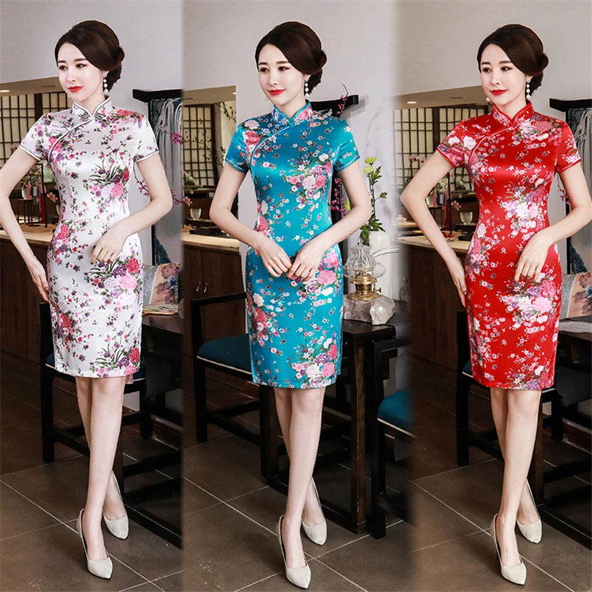 16 видов цветов, китайское платье для женщин, атласное платье чонсам, вечернее платье с цветочным рисунком, с коротким рукавом, традиционное