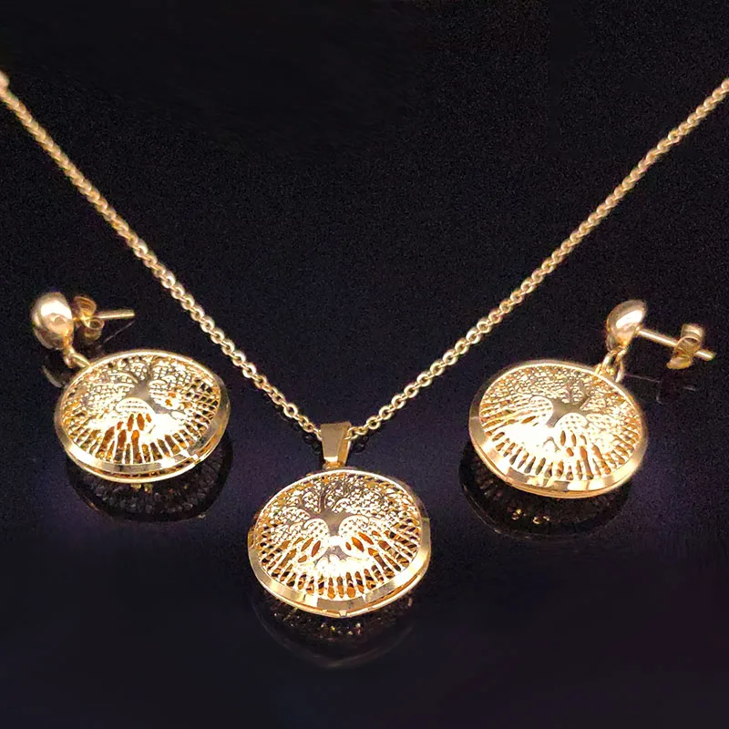 Дерево жизни из нержавеющей стали ювелирные изделия набор женщин золотого цвета ожерелье серьги, ювелирные изделия joyeria acero inoxidable S178722