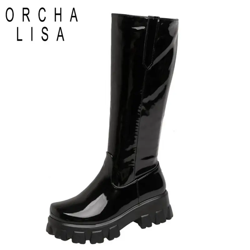 

ORCHA LISA Women Knee Boots Round Toe 5.5cm Heels Thick Bottom Patent Leather Zipper Slim Breathable Stylish Short Plush C2167