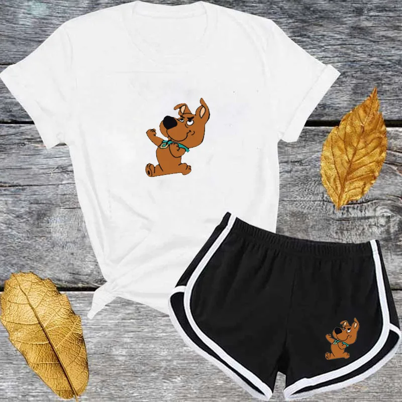 

Summer cute dog and cat big tongue sportswear suit ladies short sleeve T-shirt and shorts fashion casual 2 piece suit