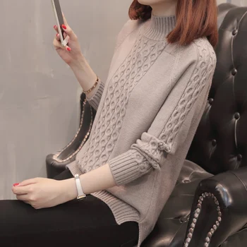 

Half High Collar Women Sweater Western Side Slit Loose Solid Casual Soft Jumper Fashion Slim Femme Pullovers Sweater Women