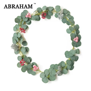 

200cm Silk Leaves Rattan Artificial Vine Hanging Plants Fake Eucalyptus Leaf Pink Rose Flower Foam Pine Cone For Christmas Decor
