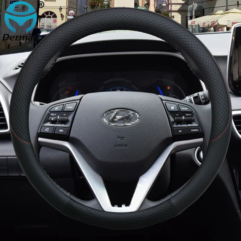 DERMAY Leather Car Steering Wheel Cover Anti-slip for Hyundai i30 kona i10 i35 elantra santa fe Auto Accessories Steering Wheel Cover 100%