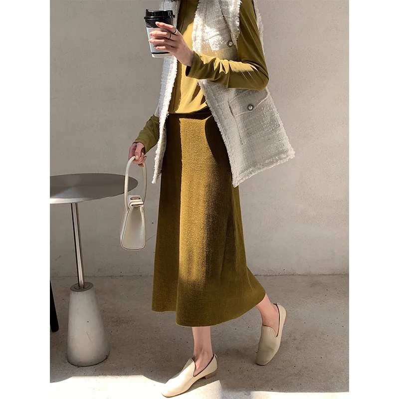 

Knitted Skirt Women's Mid-length 2019 Loose-Fit Slimming Skirt Casual Versatile Korean-style Solid Color Skirt