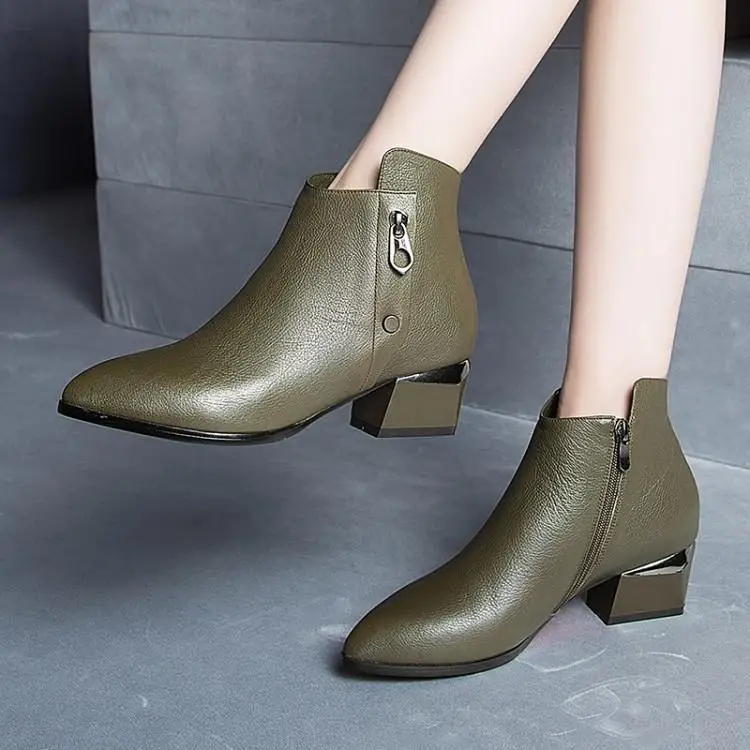 

Female boots single thick with short boots boots documentary pointed Martin boots shoes in leather soft head layer cowhide