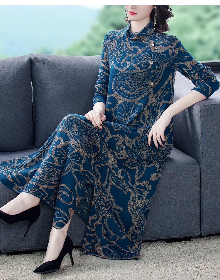 Blue Print 3XL Plus Size Turtleneck Wool Sweater Dress 2020 Autumn Winter Vintage Casual Knitted Sweaters Elegant Women Vestido