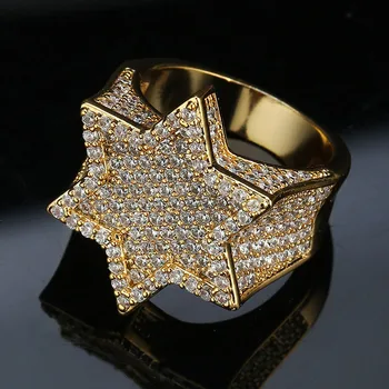 

New Hexagon Star Silver Color Blue Iced Out Cubic Zircon Rings Micro Paved Personality Hip Hop Jewelry For Gifts