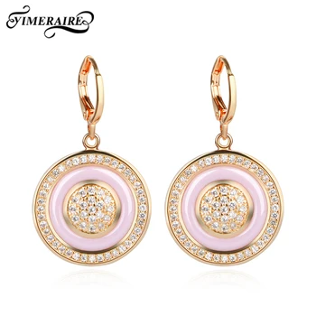 

Pink Gold Retro Earrings For Women Lady Noble Ceramic Dangle Statement Jewelry With Round Circle Bling Crystal Lover Wife Gifts
