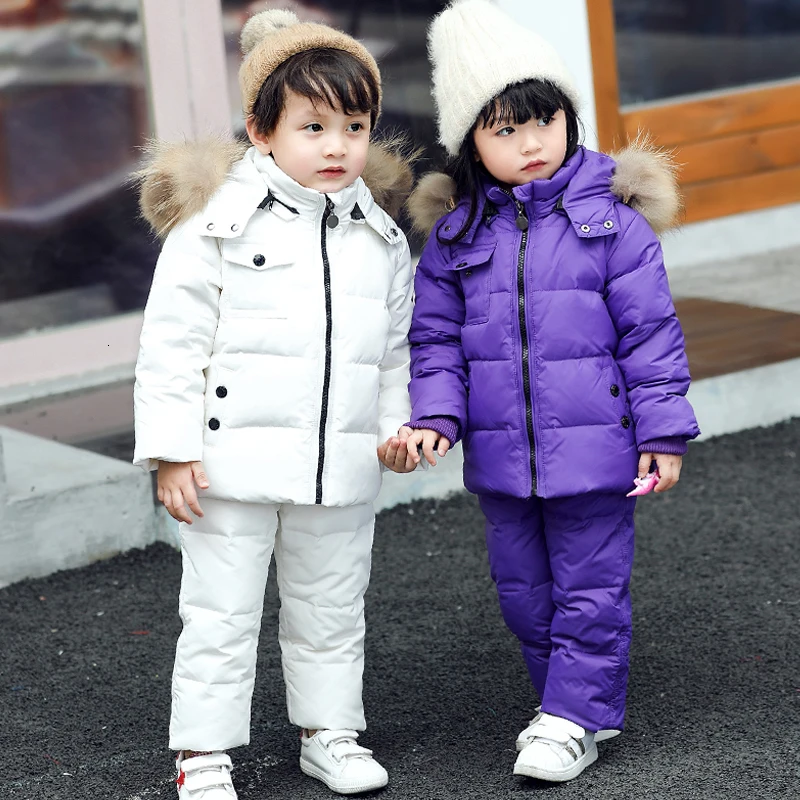 

-30 Winter Russia Children Snowsuit Clothing Set Duck Down Pants-Jacket Baby Boys jacket for girls Coat Overcoat kids fur parka