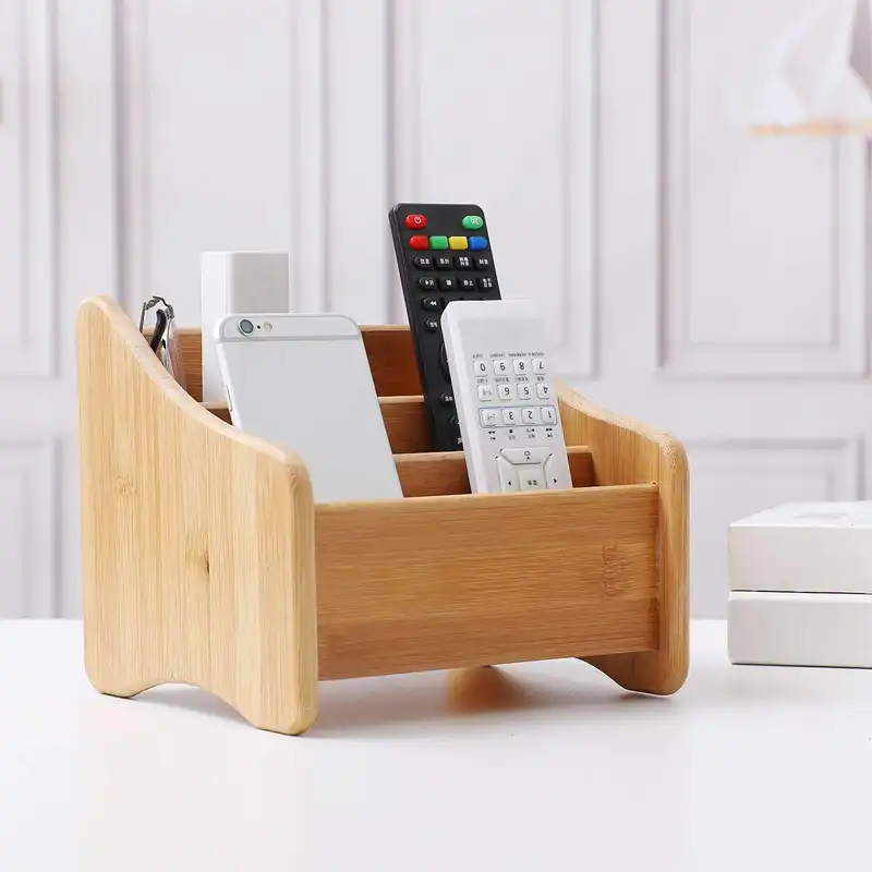 Wood Desk Organizer Bamboo Remote Control Holder Caddy Storage