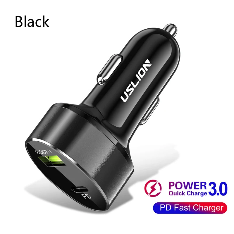 USLION 3A Быстрая зарядка USB Автомобильное зарядное устройство для iPhone 11 Pro Max быстрая PD автомобильное зарядное устройство SCP для Xiaomi Redmi Note 7 Pro samsung - Тип штекера: Black