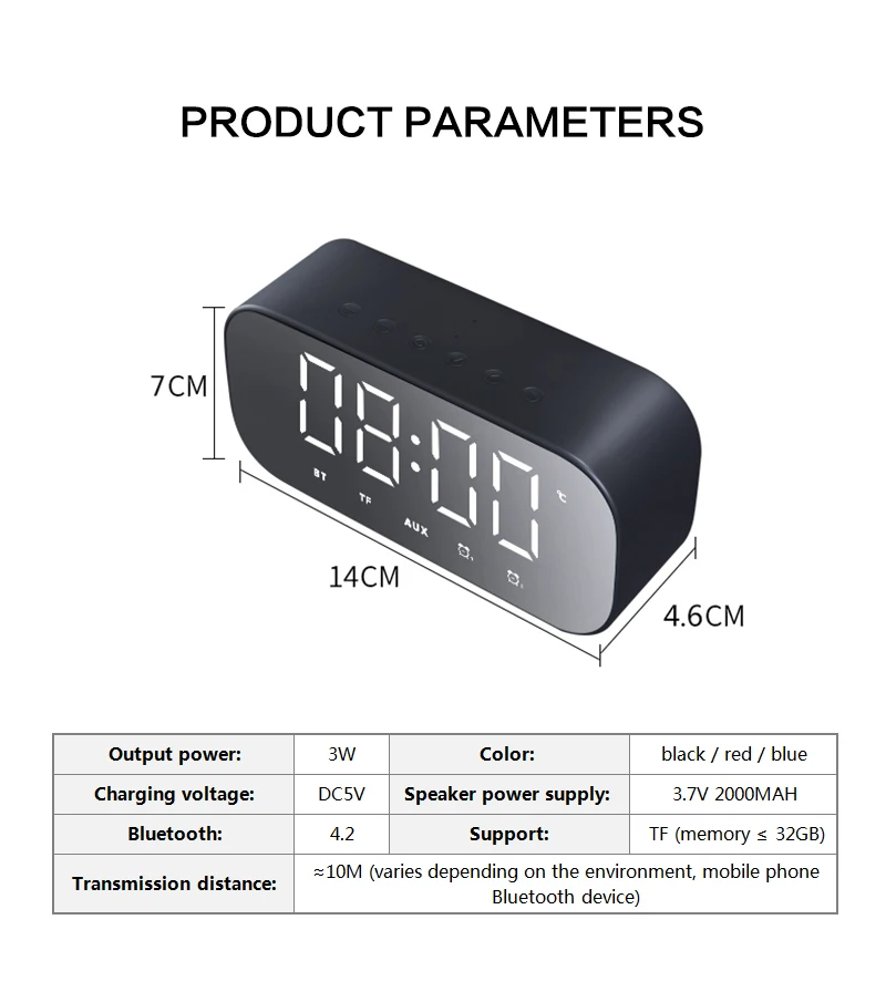 Snooze Desktop Clocks LED Alarm Clock Subwoofer Music Player Wireless Bluetooth Speaker with Fm Radio Mirror