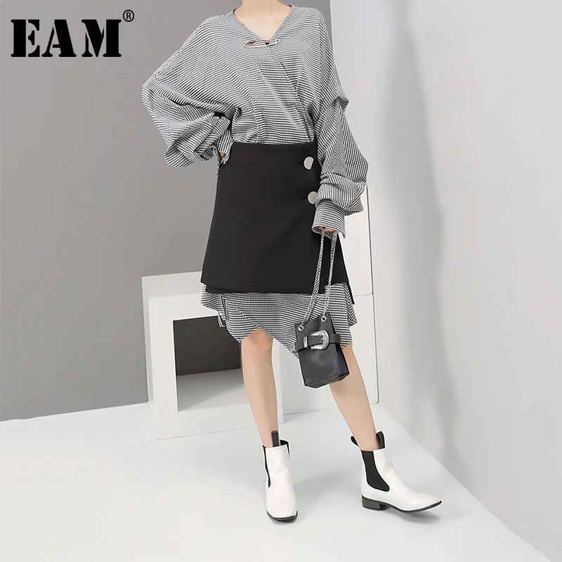 

[EAM] Women Plaid Pin Black Temperament Shirt Dress New V-Neck Long Sleeve Loose Fit Fashion Tide Spring Autumn 2019 1A243